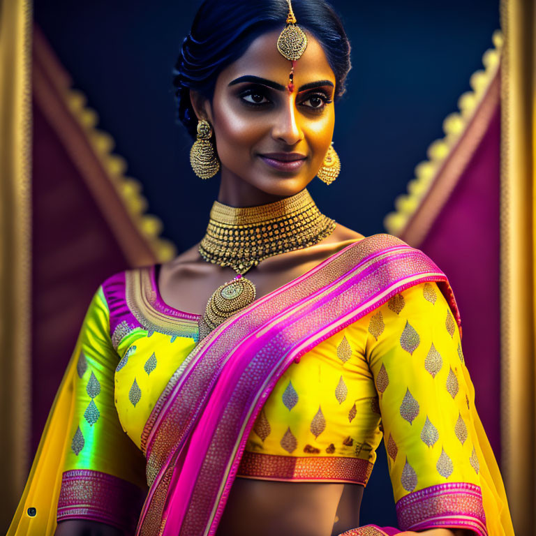 Traditional Indian attire: Woman in yellow saree with pink border and gold jewelry posing with a bindi