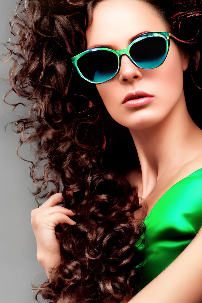 Curly-haired woman in turquoise sunglasses and green top with confident pose