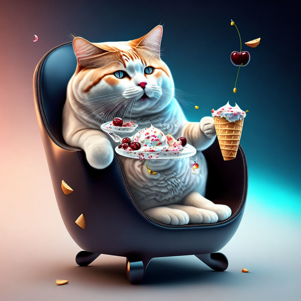 Whimsical digital artwork of oversized cat with ice cream and cherry