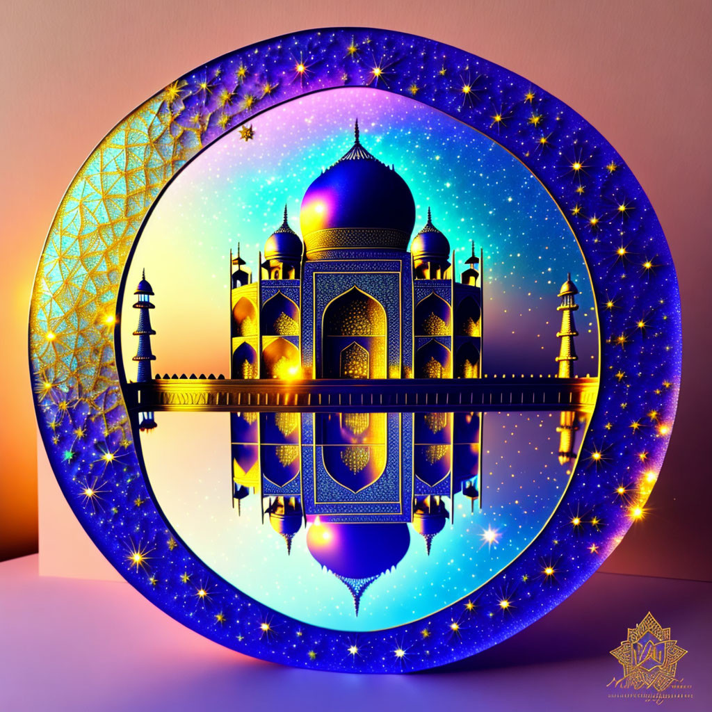 Colorful Mosque Graphic in Circular Frame with Geometric Patterns