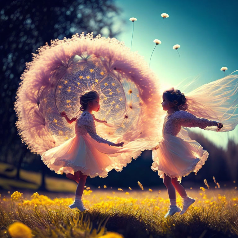 Two girls in white dresses with giant dandelion puffballs in a sunlit field.