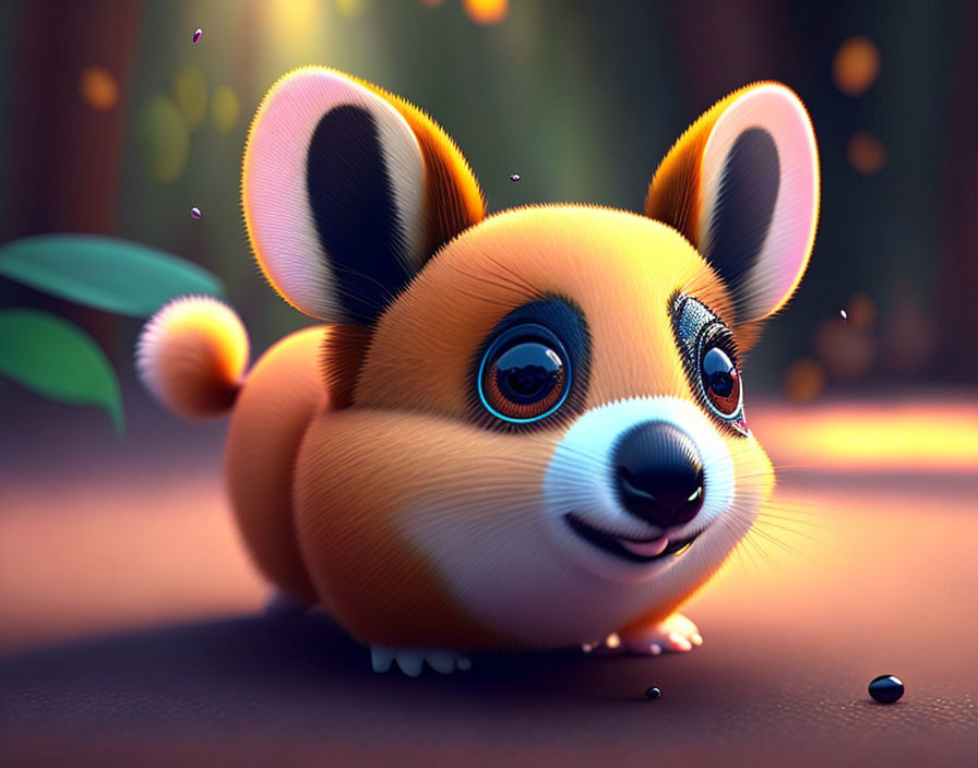 Stylized corgi in enchanted forest with glossy eyes