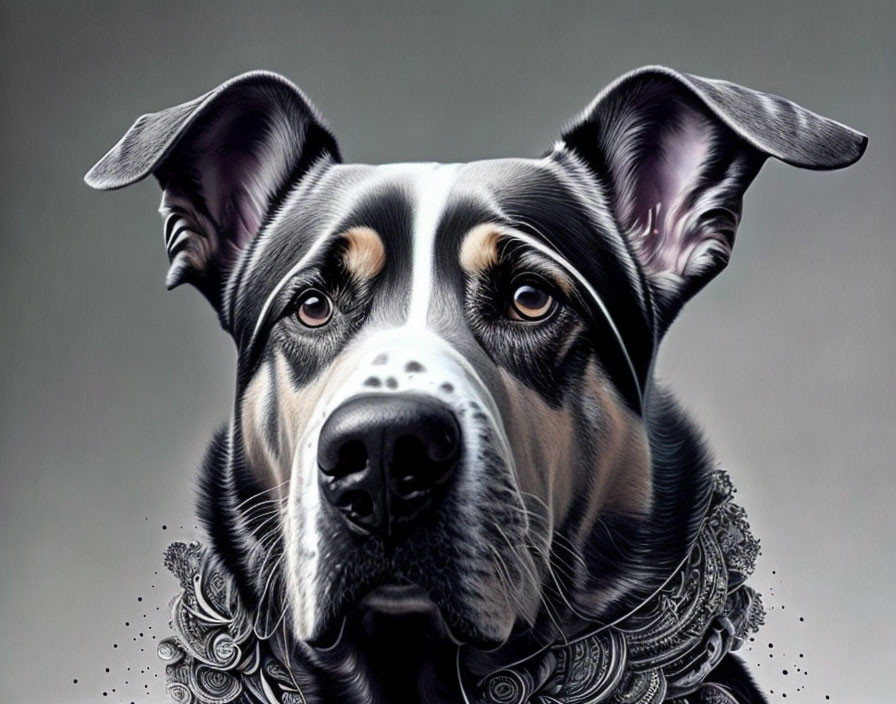 Detailed Illustration: Black and Tan Dog with Lace Collar on Grey Background