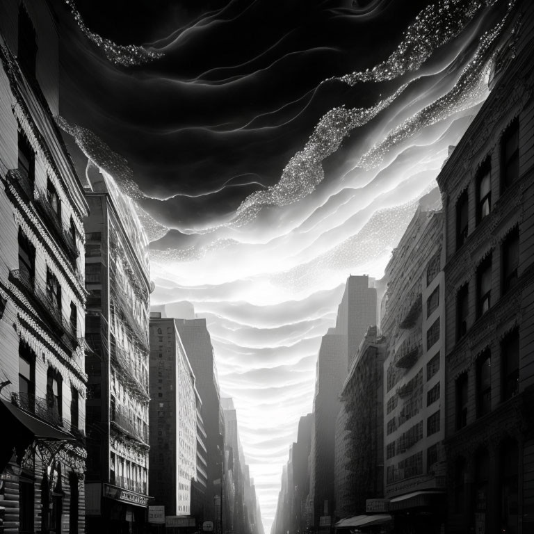 Dramatic monochrome cityscape with swirling clouds above sunlit street