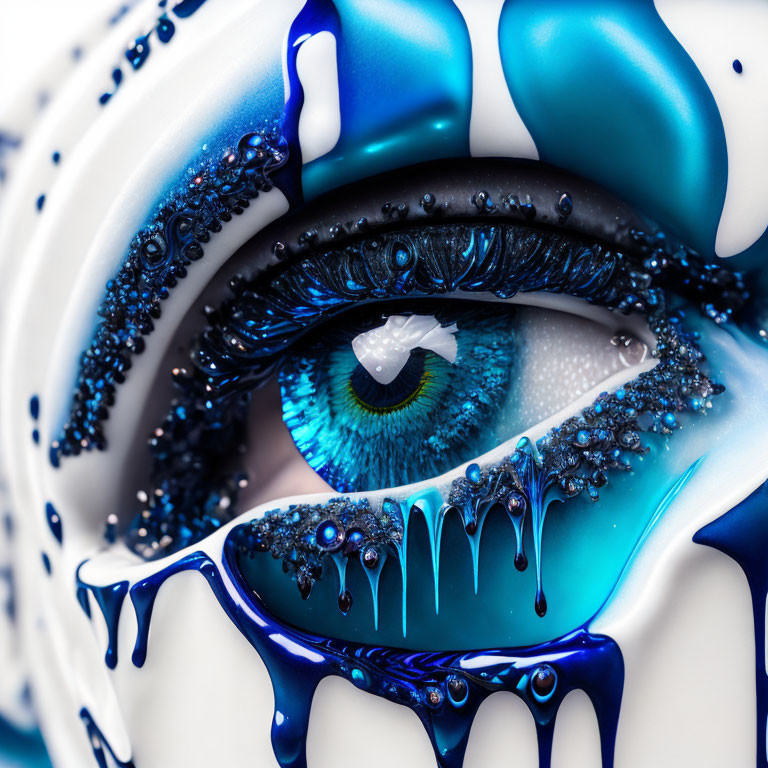 Detailed blue-painted eye with dripping liquid art and aqua iris