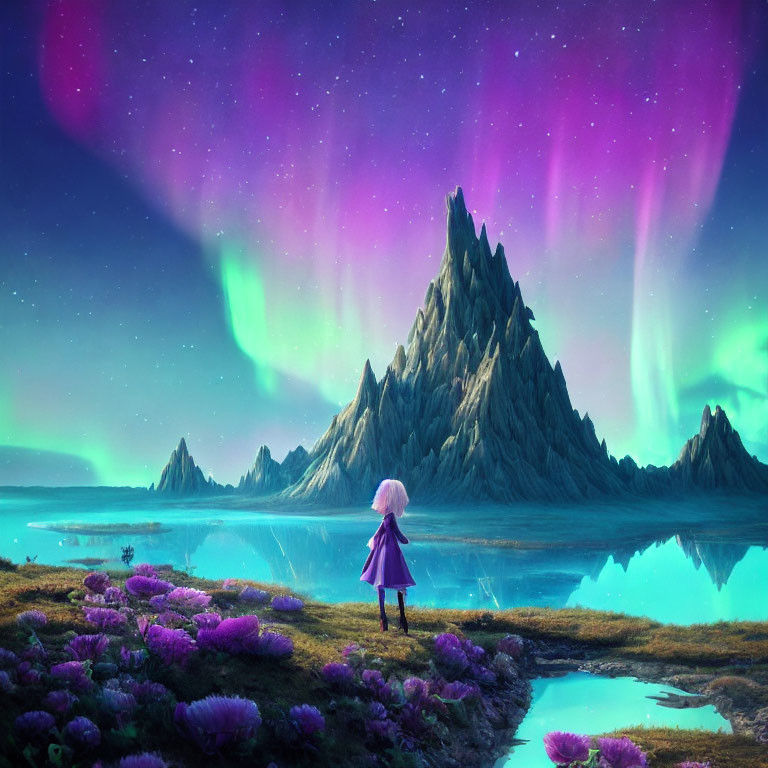 Pink-haired person admires mountain under aurora-lit sky by tranquil lake