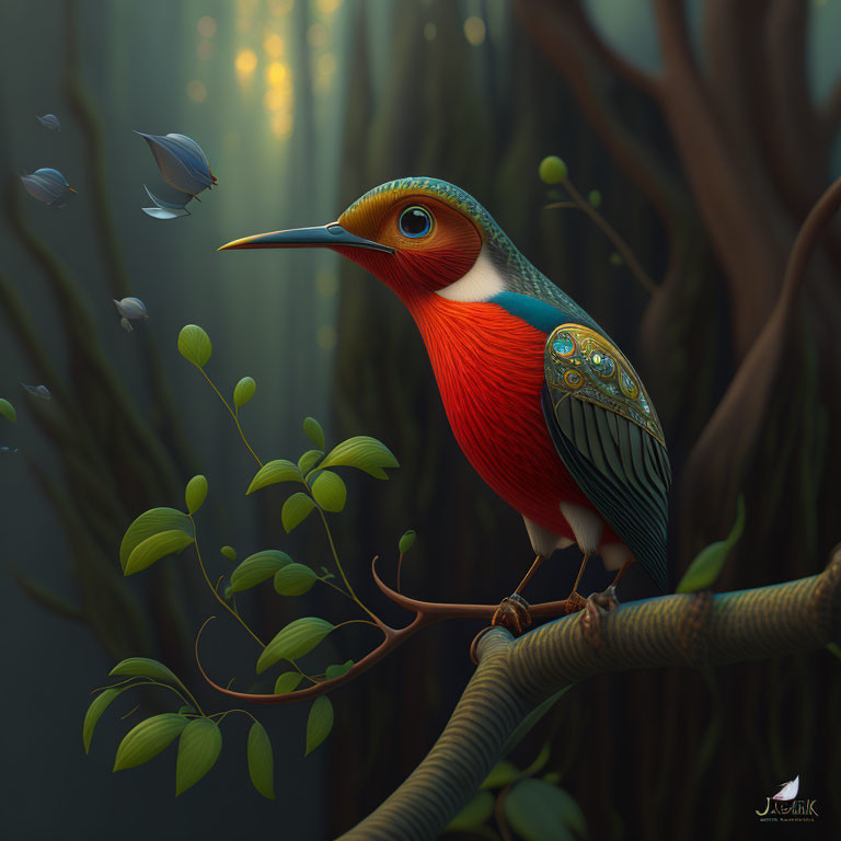 Colorful Stylized Bird Perched in Enchanted Forest Scene