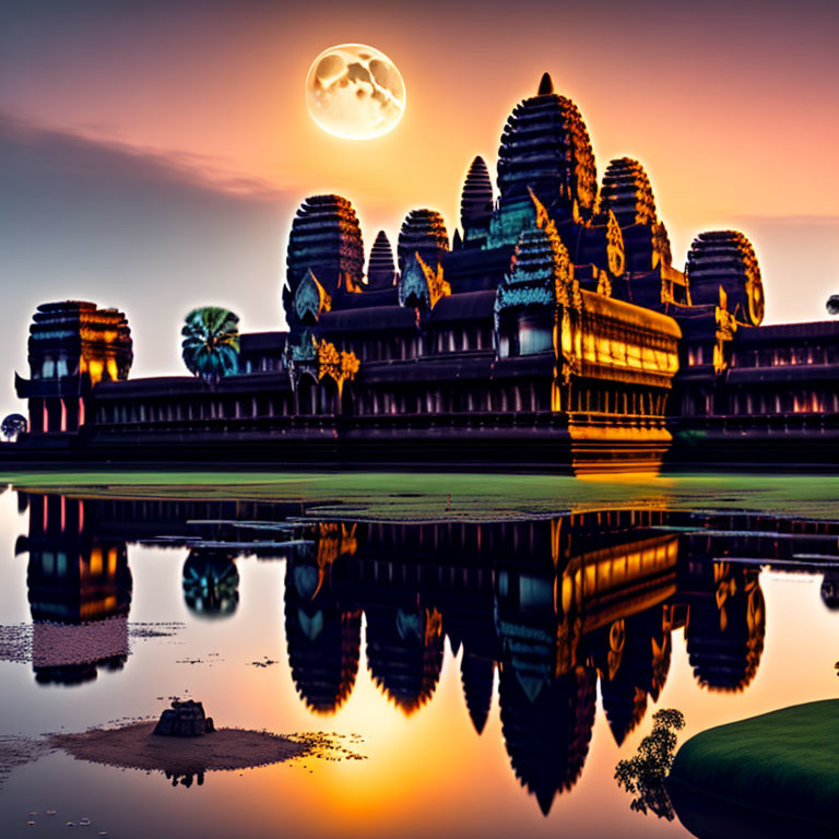 Ancient temple at sunset with orange sky and full moon reflected in water