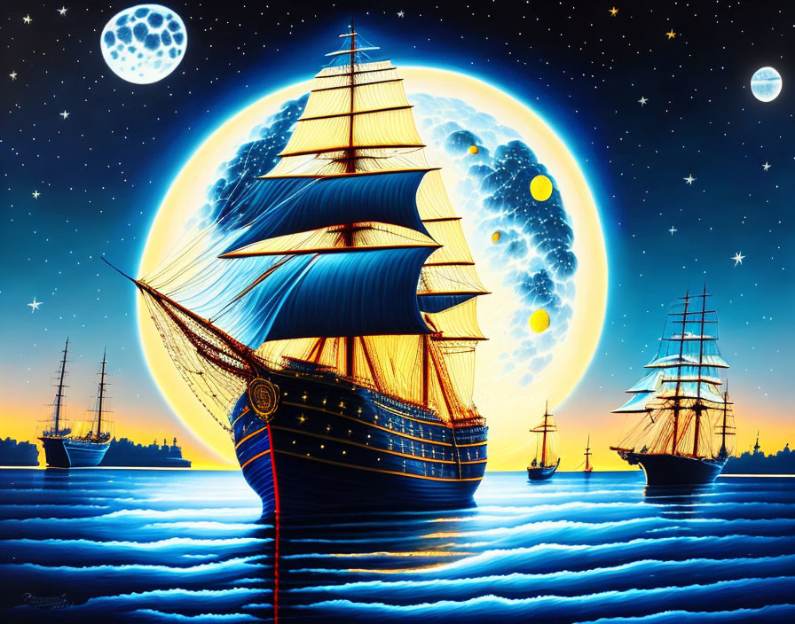 Surreal artwork: tall ships on glowing ocean with starry sky & celestial bodies