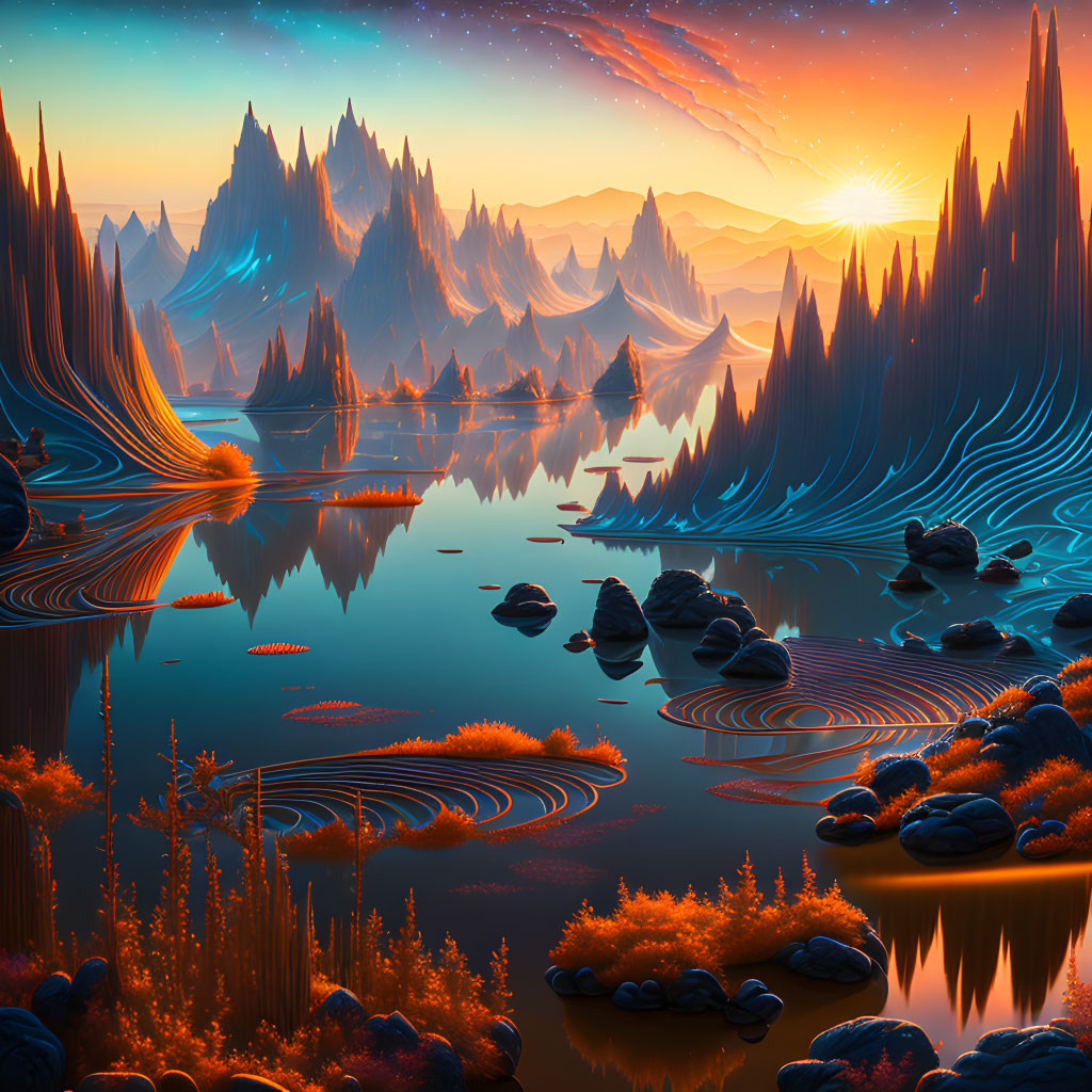 Digital artwork: Surreal sunset over spiky mountains, reflective waters, fiery foliage