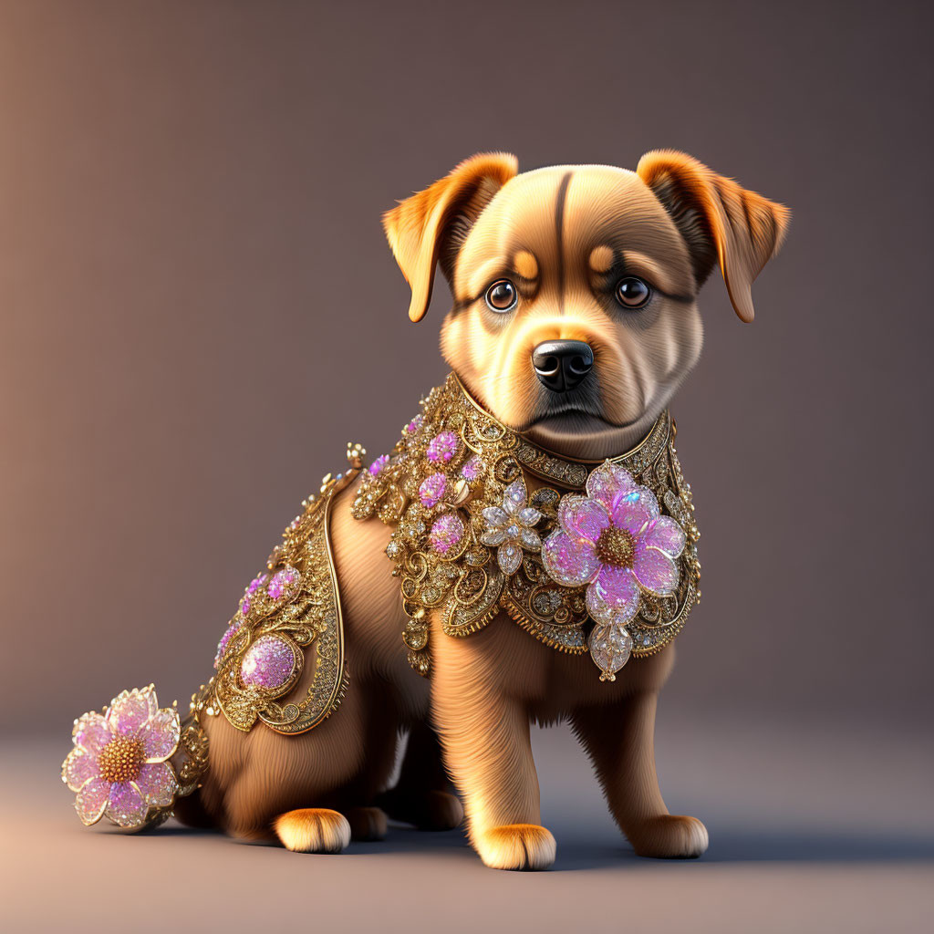 Adorable brown puppy with big, soulful eyes in golden jeweled ornaments