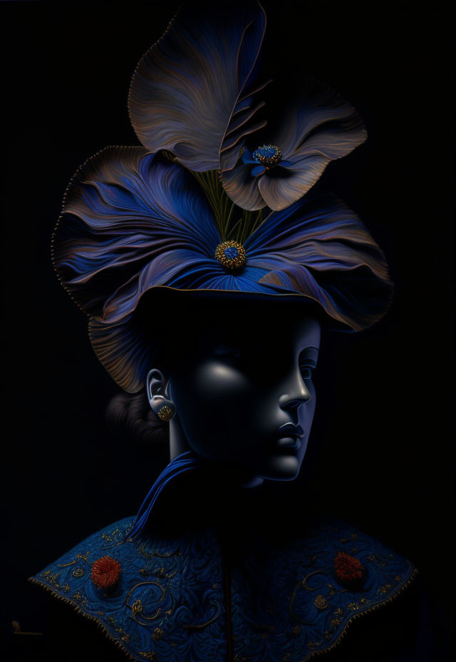 Elaborate petal-like headdress and ornate blue collar portrait