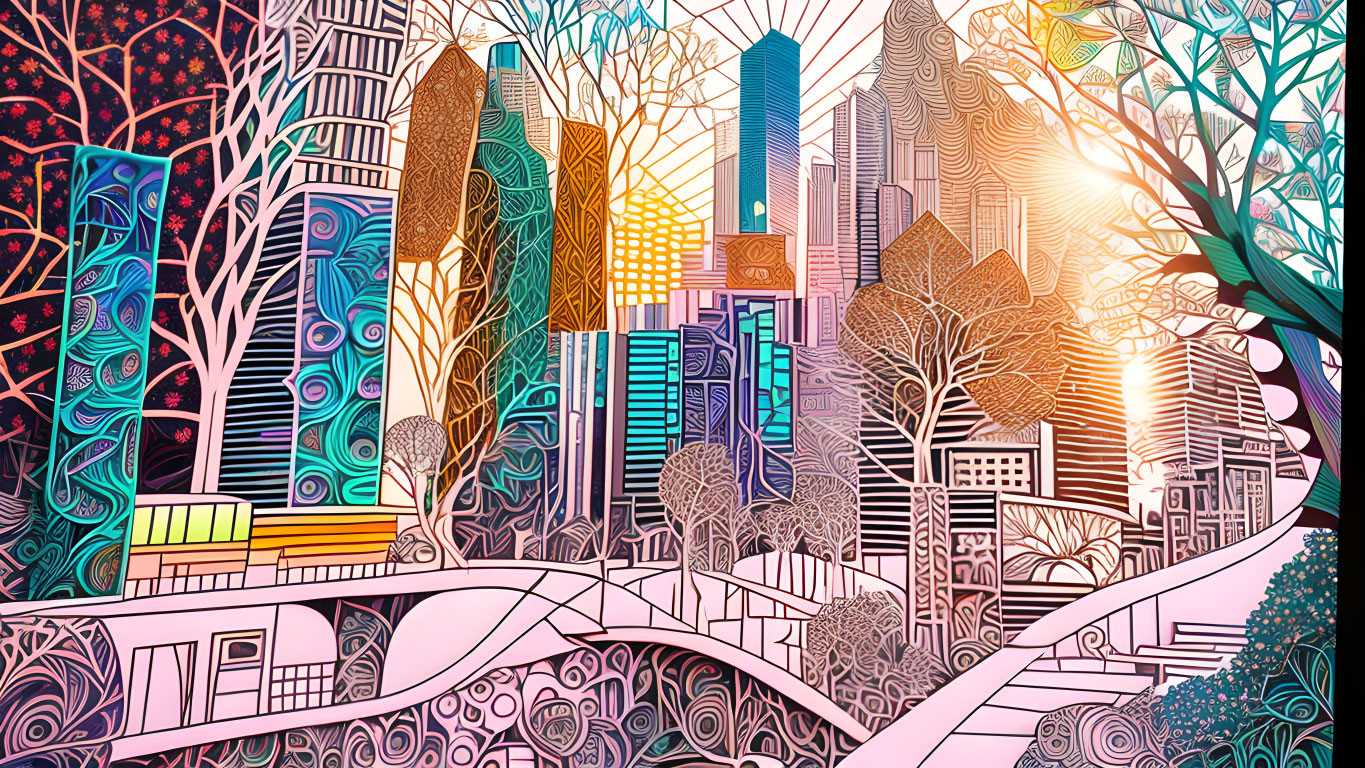 Colorful cityscape illustration with abstract trees under sunset sky