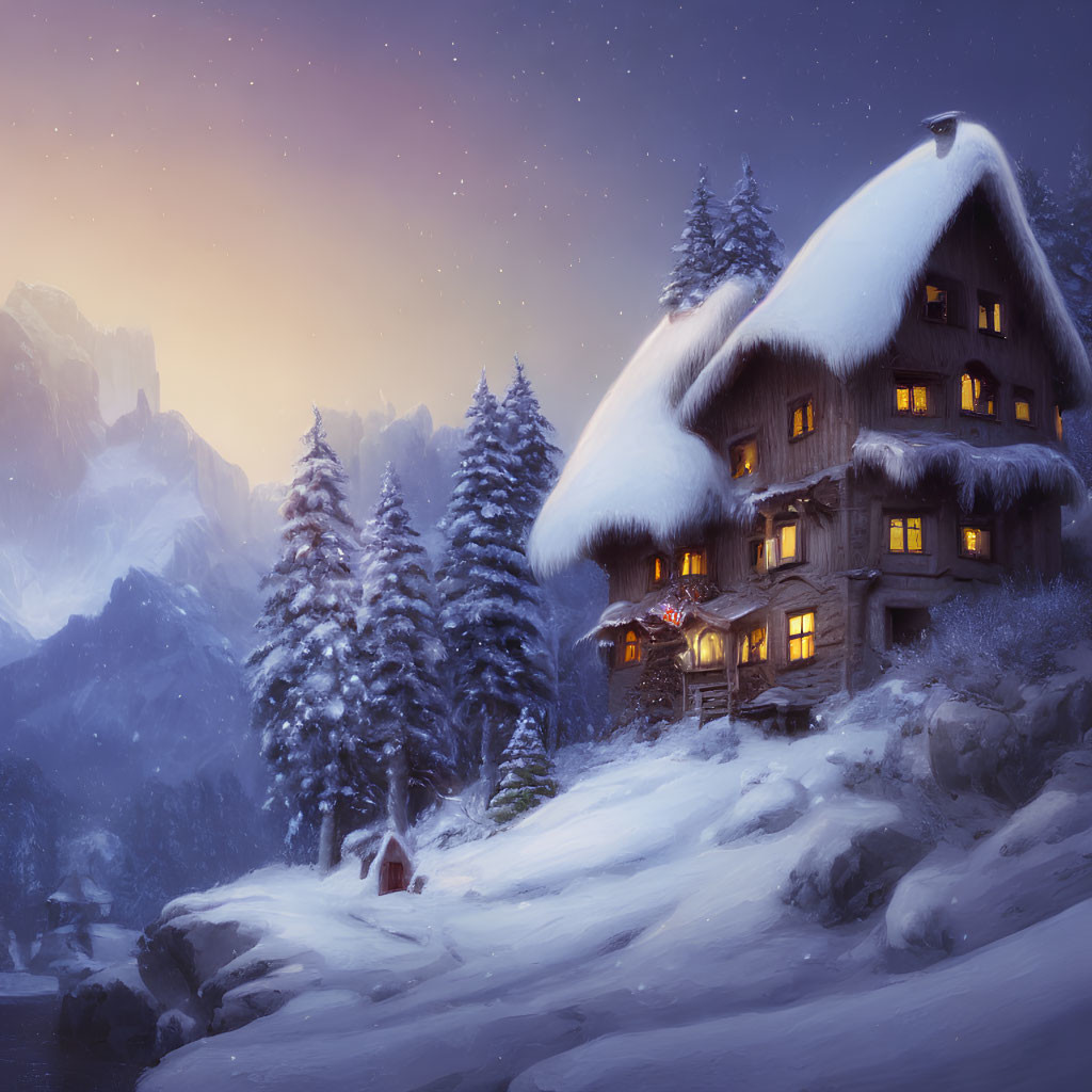 Snow-covered cottage in serene winter night with warm lights and frosty pines