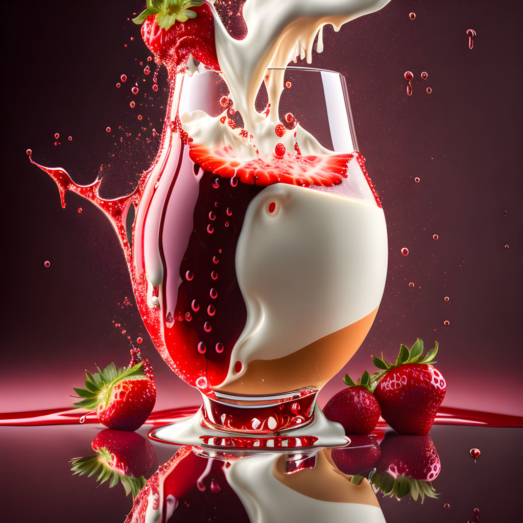 Fresh strawberries and milk mixing with wine in glass on red background