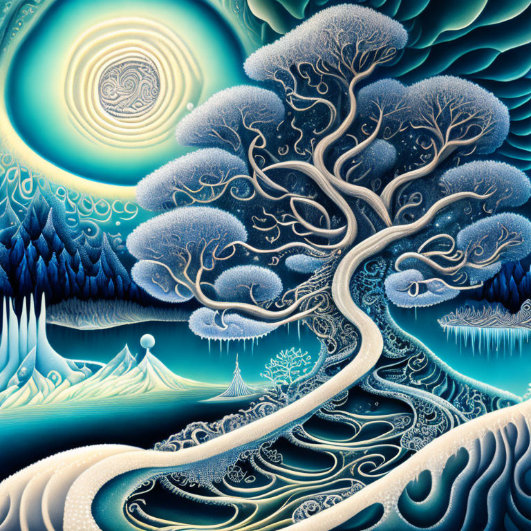 Intricate surreal artwork: Stylized tree with swirling patterns