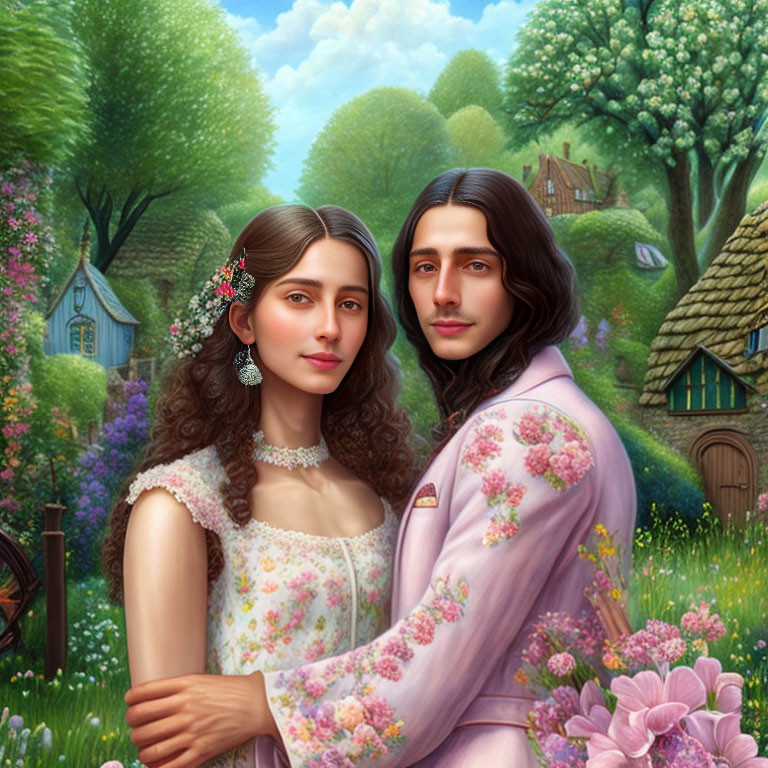 Romantic illustration of couple embracing in floral attire against idyllic backdrop