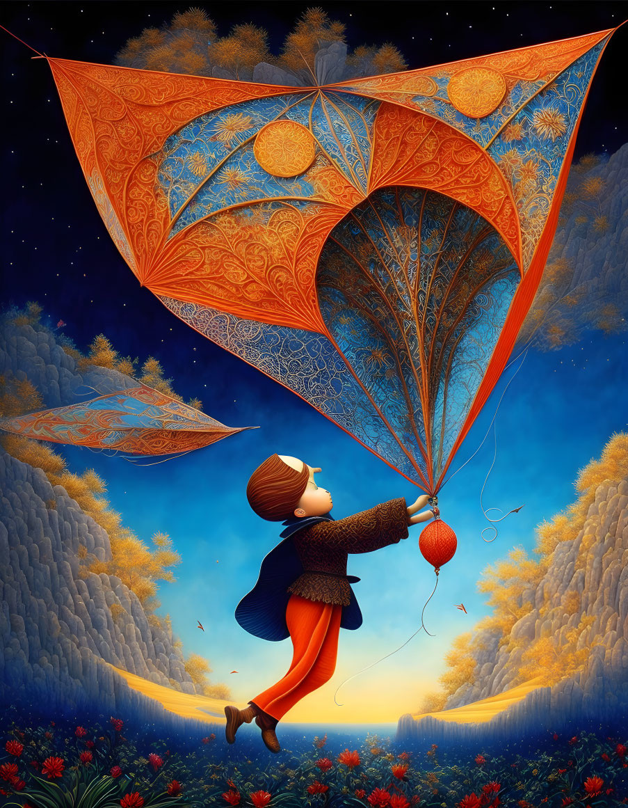 Child holding strings of large orange kite in starry night sky above vibrant flower field