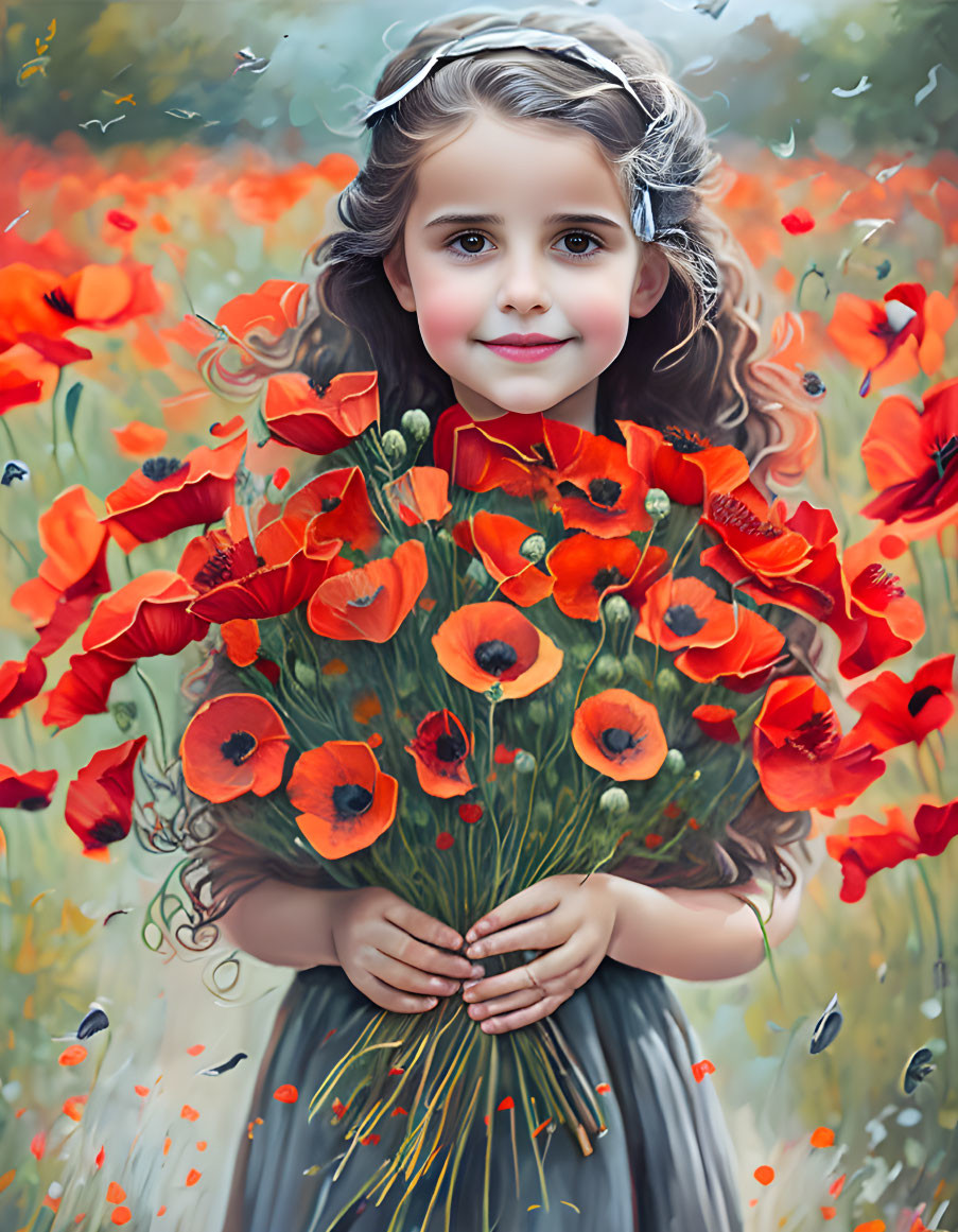 Young girl smiling with red poppies bouquet in vibrant field