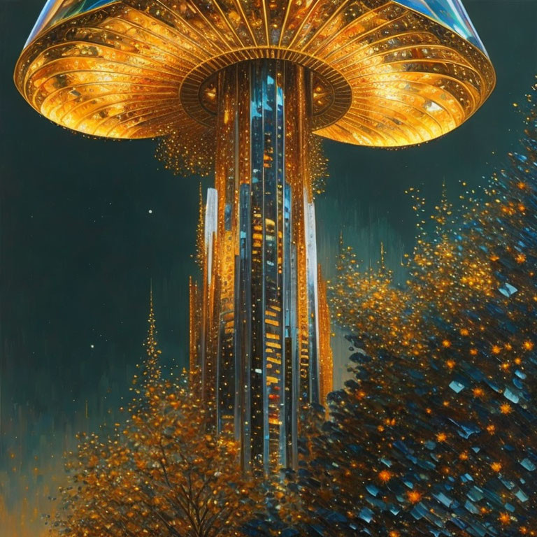 Golden futuristic skyscraper with UFO-like top in sparkling night lights