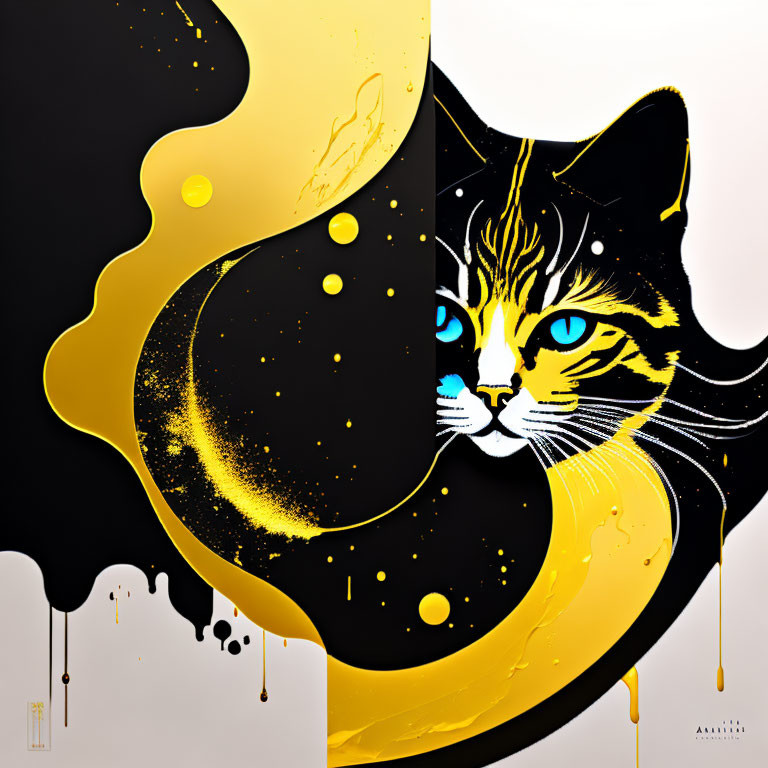 Stylized black and yellow cat with blue eyes merging with abstract gold and black splash