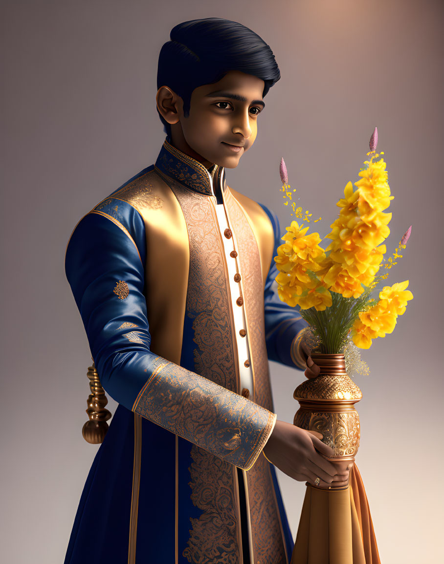 Traditional Indian Attire: Young Man in Blue Sherwani with Golden Vase