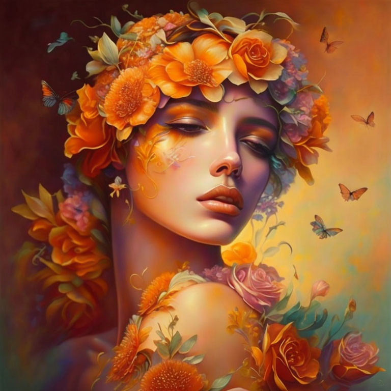 Woman with orange flower wreath and butterflies on warm background