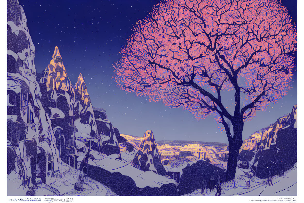 Vivid Pink Tree in Snowy Mountain Village Scene