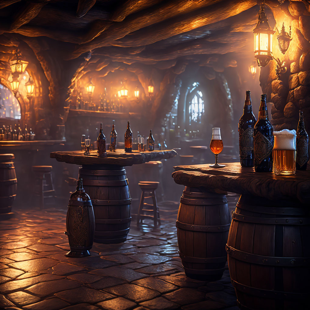 Dimly Lit Fantasy Tavern with Wooden Barrels and Lantern Light