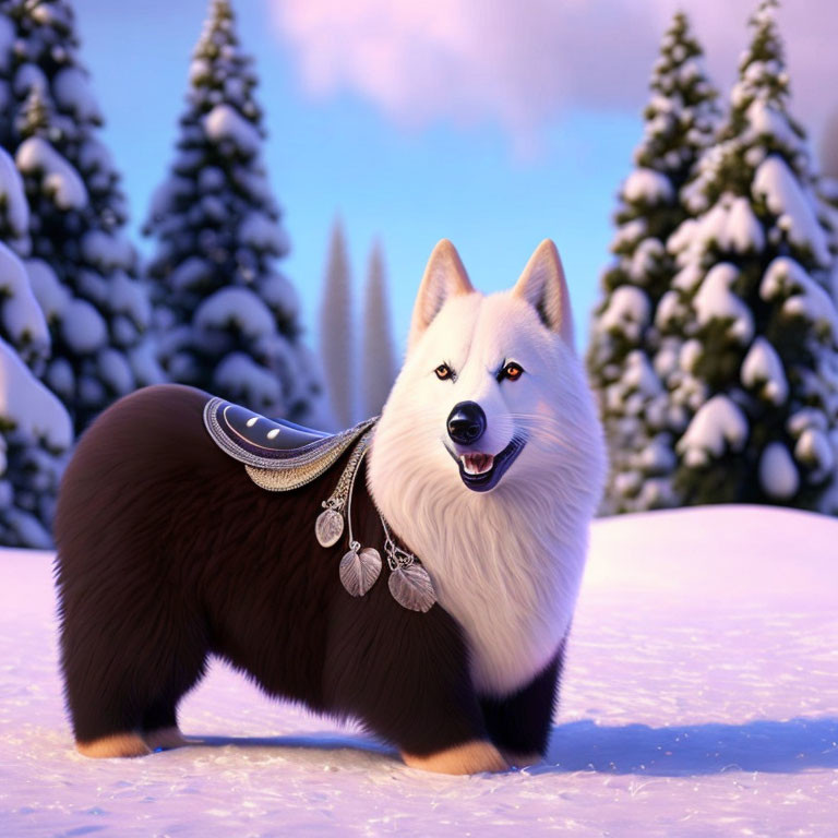 Smiling animated dog in snowy landscape with silver harness