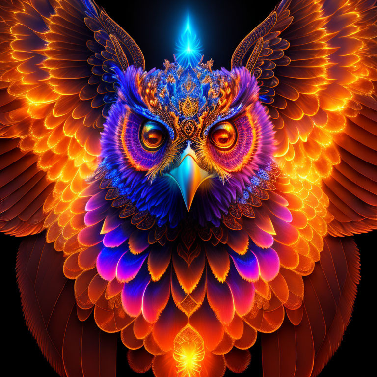 Colorful owl digital artwork with fiery orange and red plumage and mystical light.