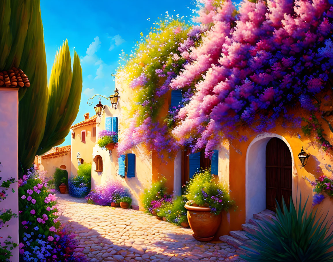 Colorful Street Scene with Purple Flowers and Cobblestone Path