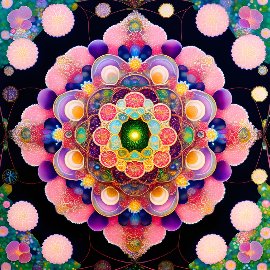 Colorful digital mandala with intricate floral patterns in pink, purple, blue, and gold tones.