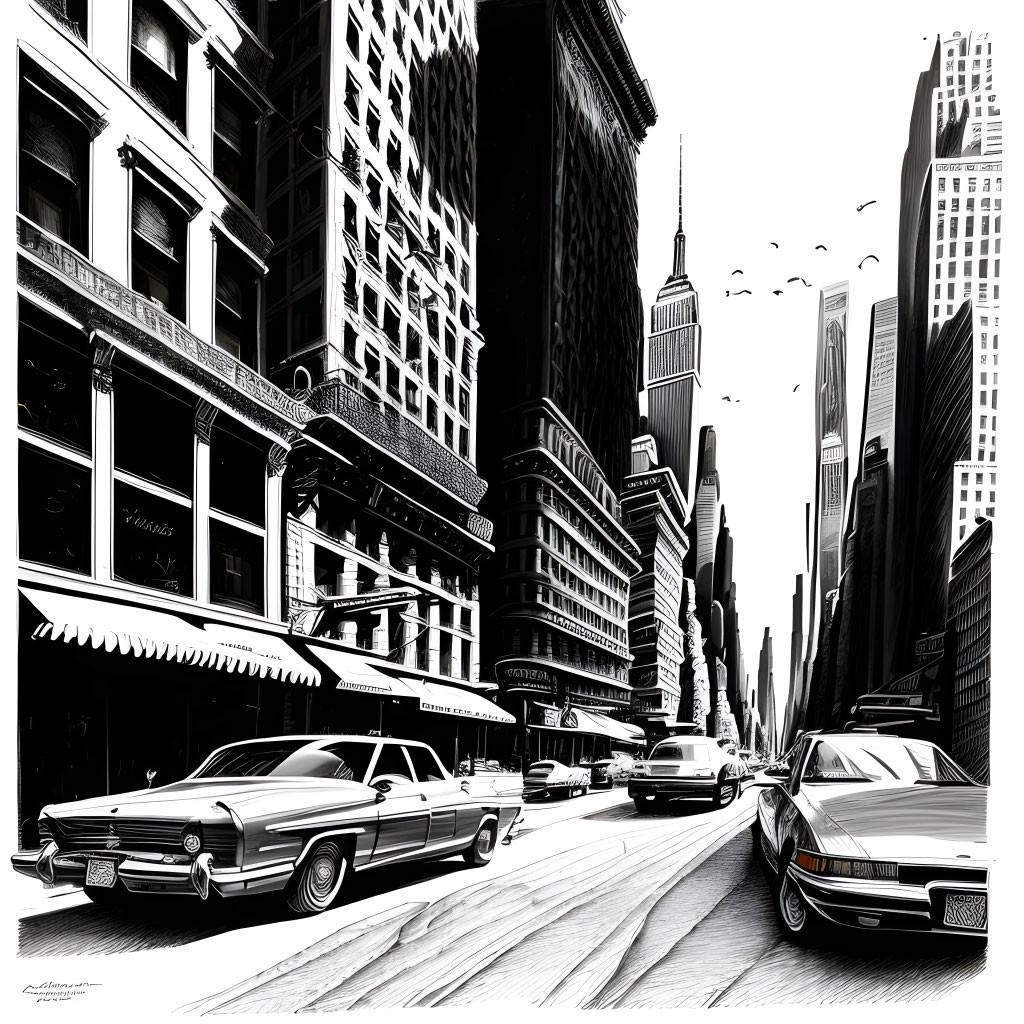 Monochrome cityscape with vintage cars and Empire State Building