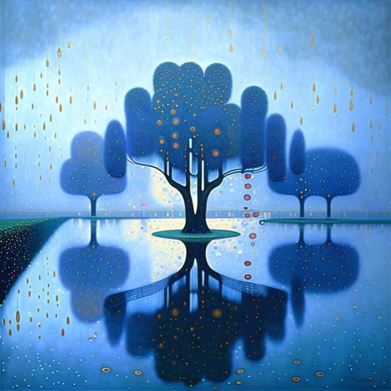 Surreal painting of blue trees with golden leaves in rain by tranquil water