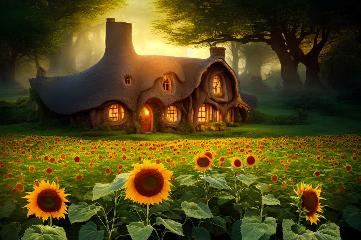 Thatched Roof Cottage Surrounded by Sunflowers in Enchanted Forest