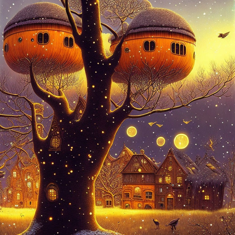 Whimsical pumpkin tree houses and cozy cottage in magical evening glow