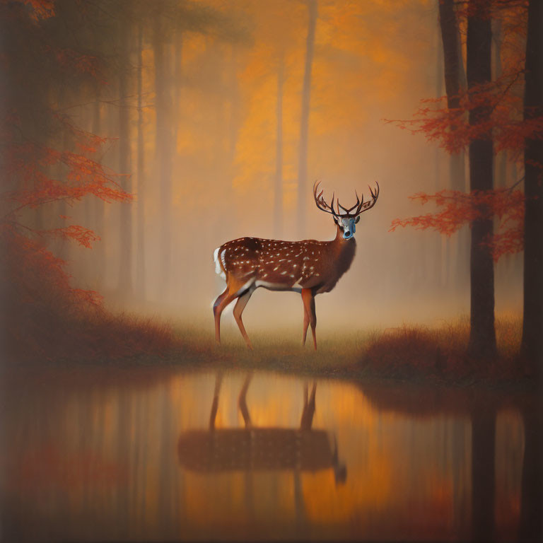 Spotted deer in autumn forest with red leaves and misty ambiance