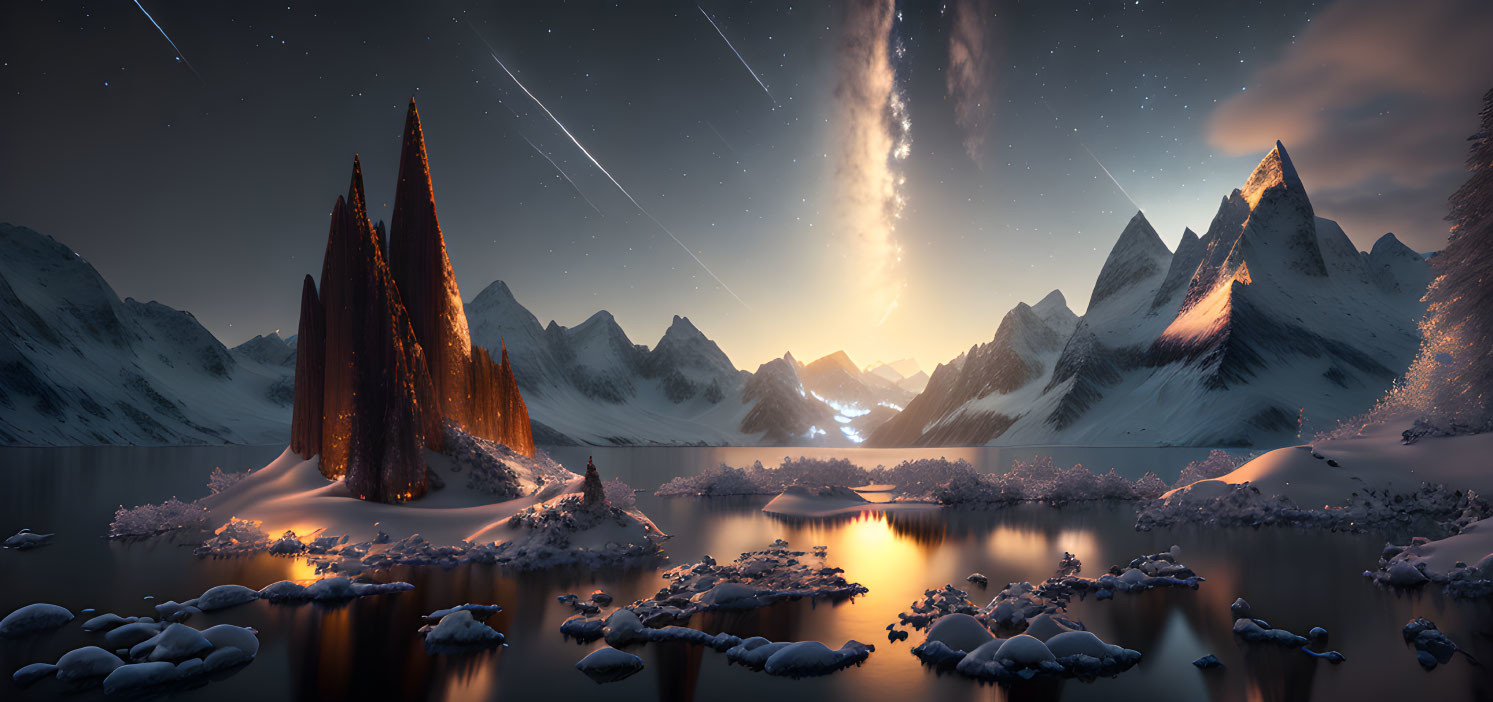 Snow-covered mountains reflected in calm lake under starry sky