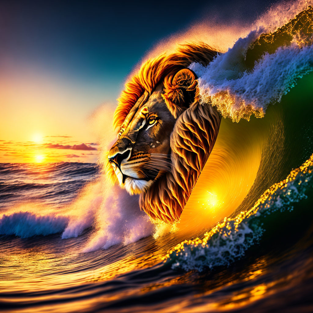 Lion's face merged with ocean wave under sunset