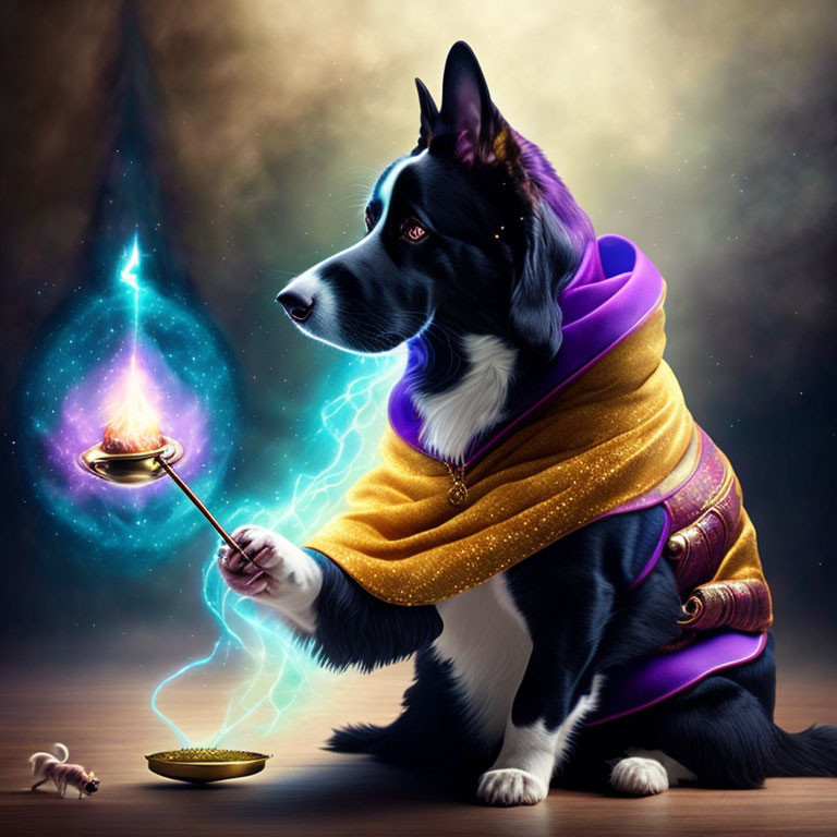 Mystical Border Collie in Purple Cloak Conjuring Blue Magic