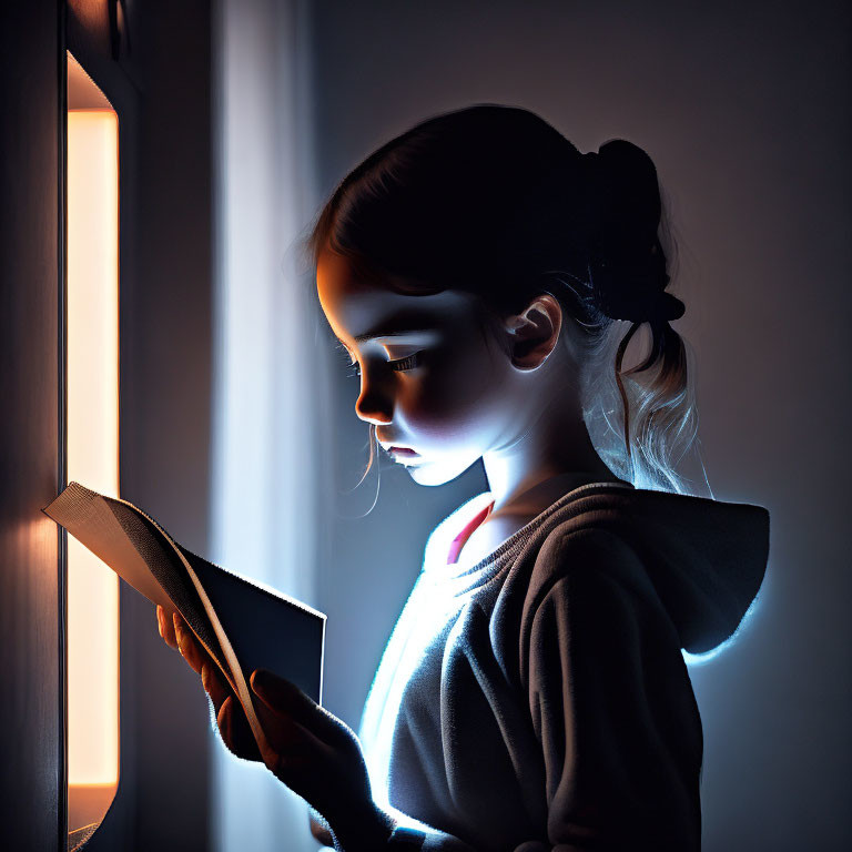 Young girl reading book under soft night light