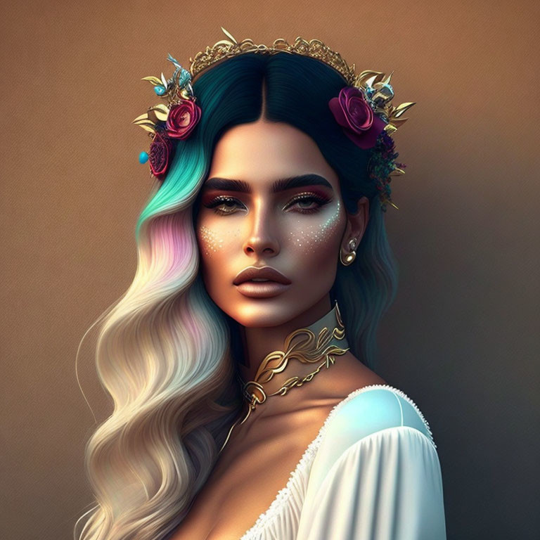 Digital art portrait: Woman with ombre hair, floral crown, glittery makeup, gold ch