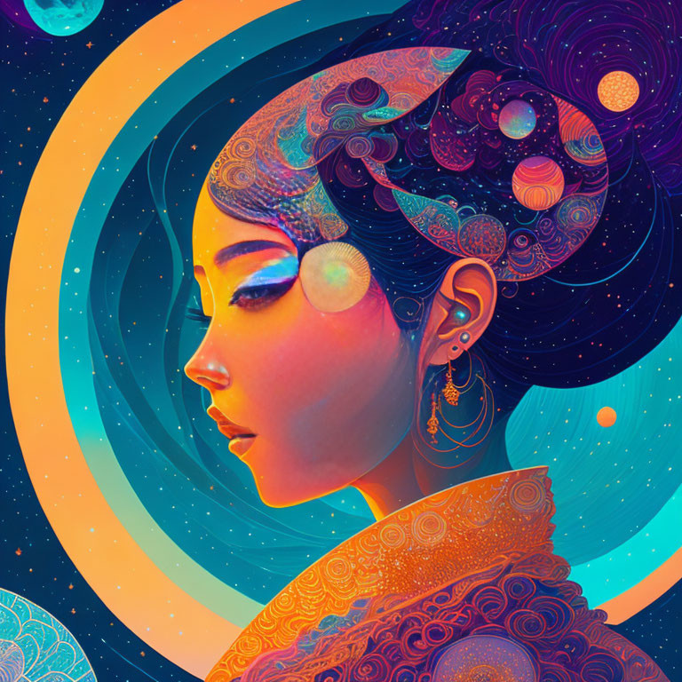 Vibrant cosmic-themed digital artwork of a woman with colorful hairdo