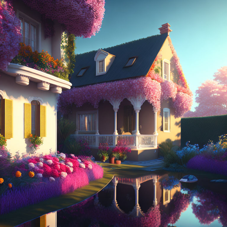 Two-story house with purple flowers by serene pond at dusk