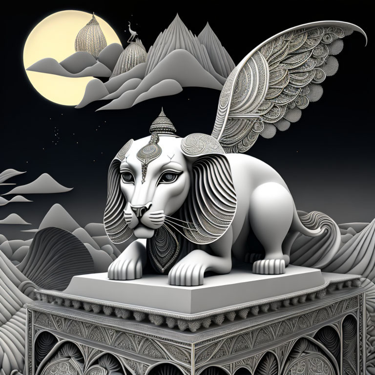 Winged lion sculpture with intricate designs in surreal landscape