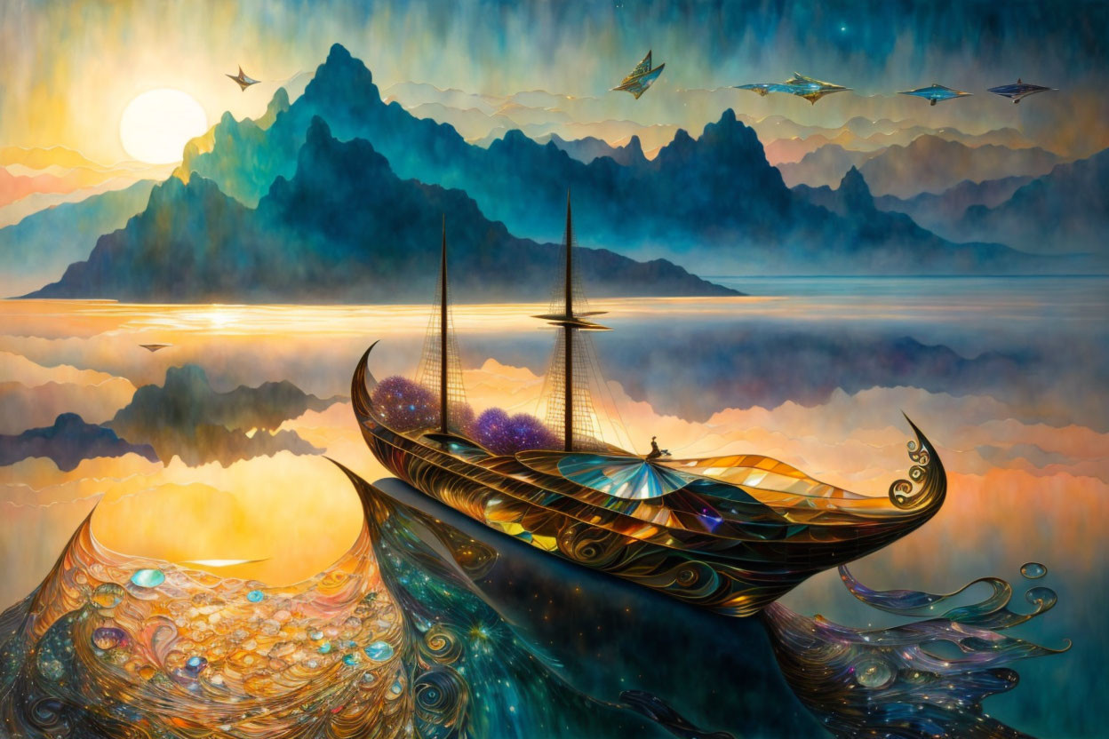 Fantasy landscape with cosmic boat, serene water, mountains, setting sun, and flying machines