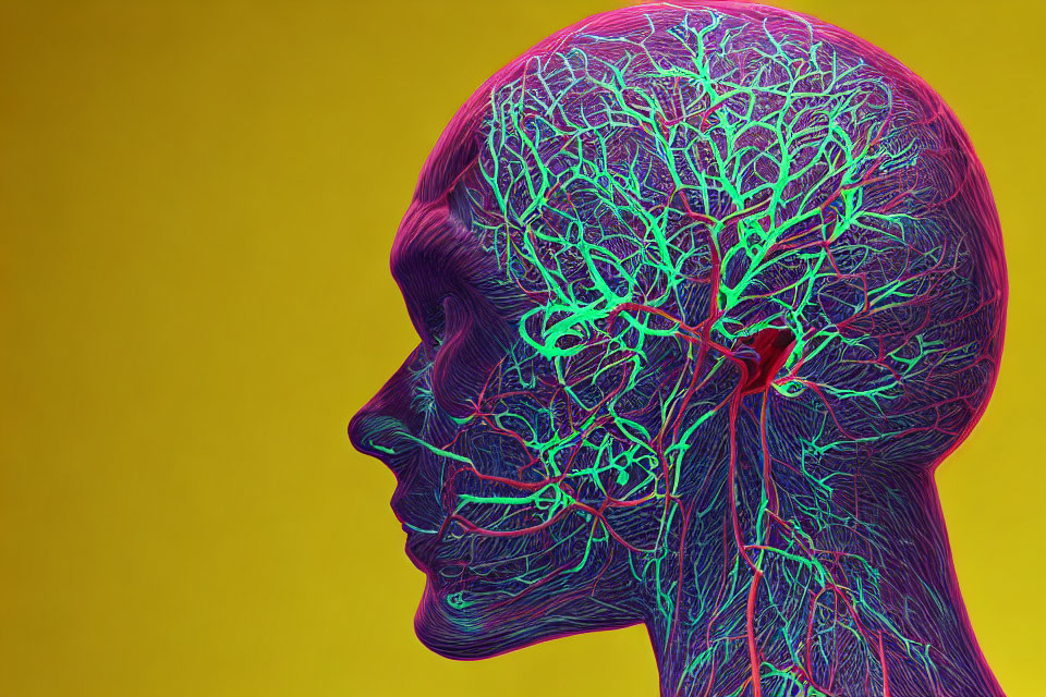 Vibrant Human Profile Illustration with Brain Neural Network on Yellow Background