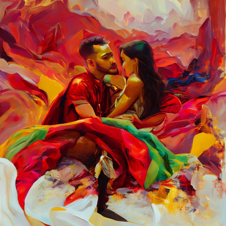 Colorful Painting of Embracing Couple in Red, Orange, and Yellow