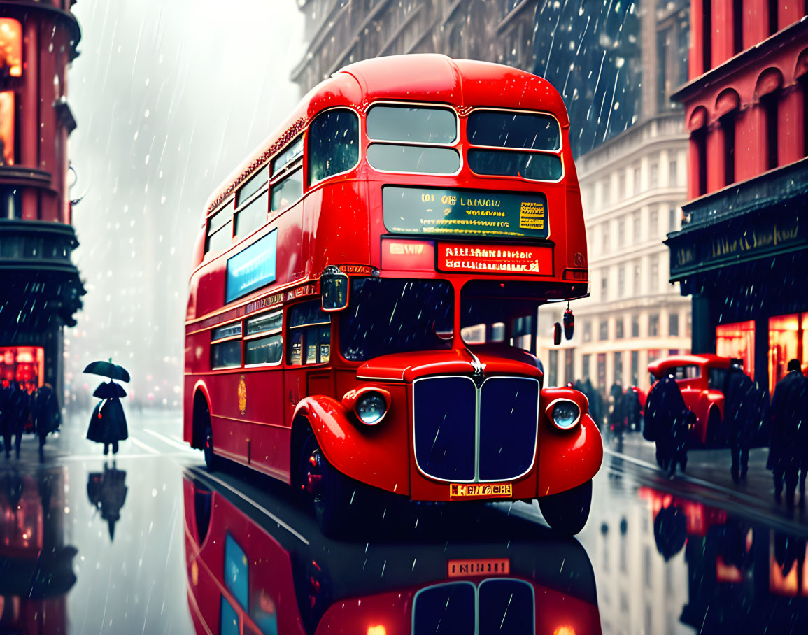 Red Double-Decker Bus and Person with Umbrella in Rainy London Street